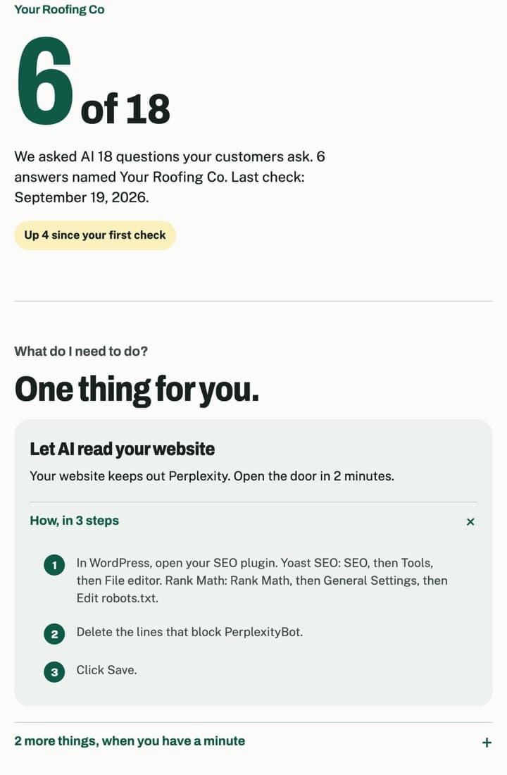 Demo of the bettrseen customer portal with an example business: 6 of 18 AI answers name the business, up 4 since the first check, and the one next step with 3 short instructions.