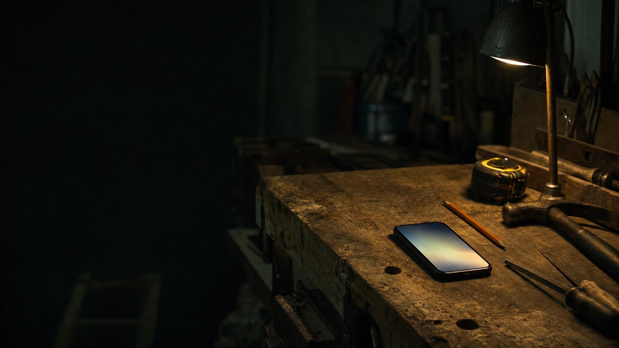Ein Handy leuchtet auf einer Werkbank in einer dunklen Werkstatt.