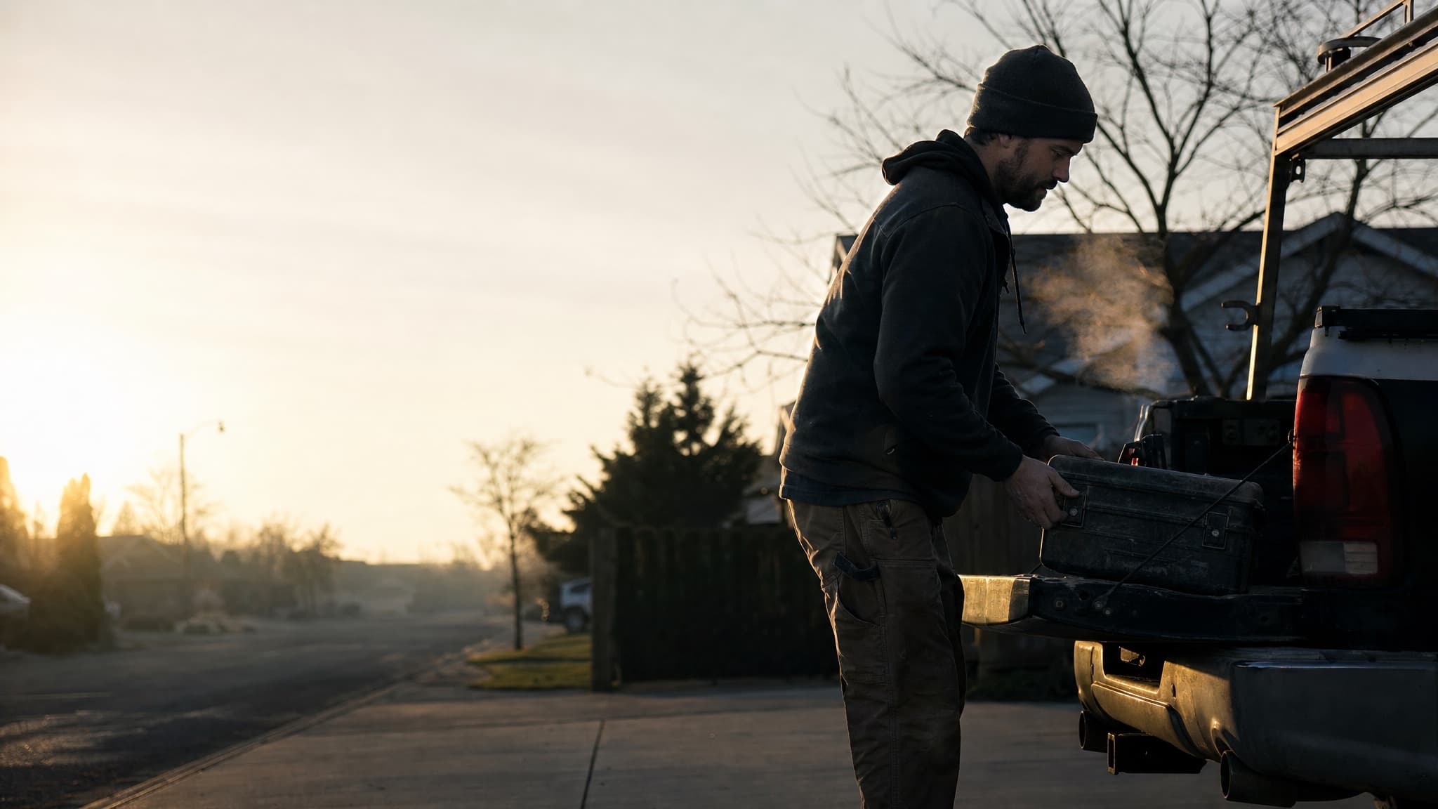 Ein Handwerker lädt bei Sonnenaufgang seinen Werkzeugkoffer in den Wagen.