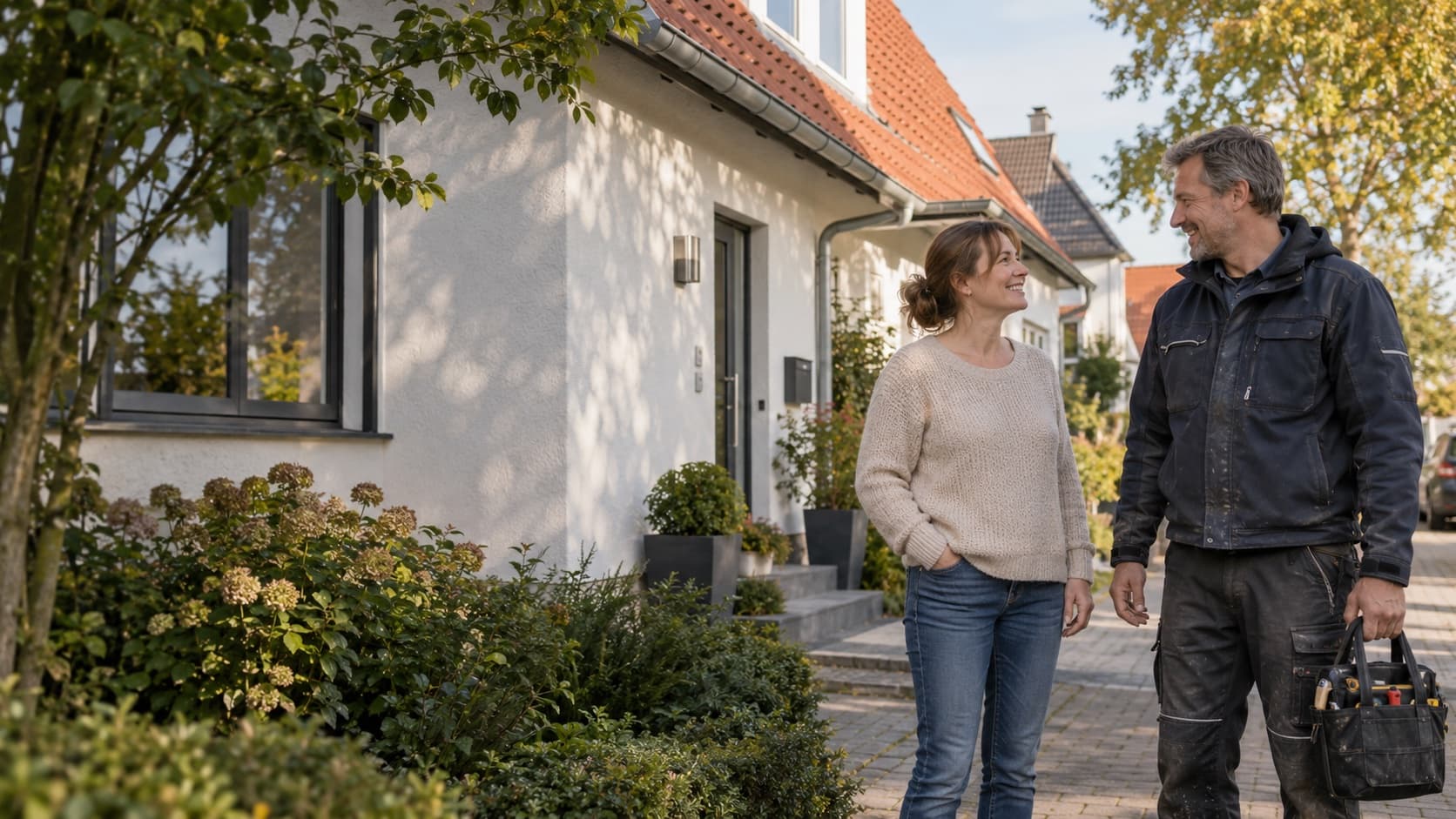 Ein Dachdecker spricht mit einer Hausbesitzerin vor einem Haus mit Ziegeldach.