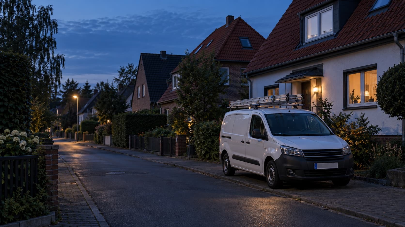 Ein Handwerkertransporter steht vor Häusern mit Ziegeldächern in einer deutschen Wohnstraße.