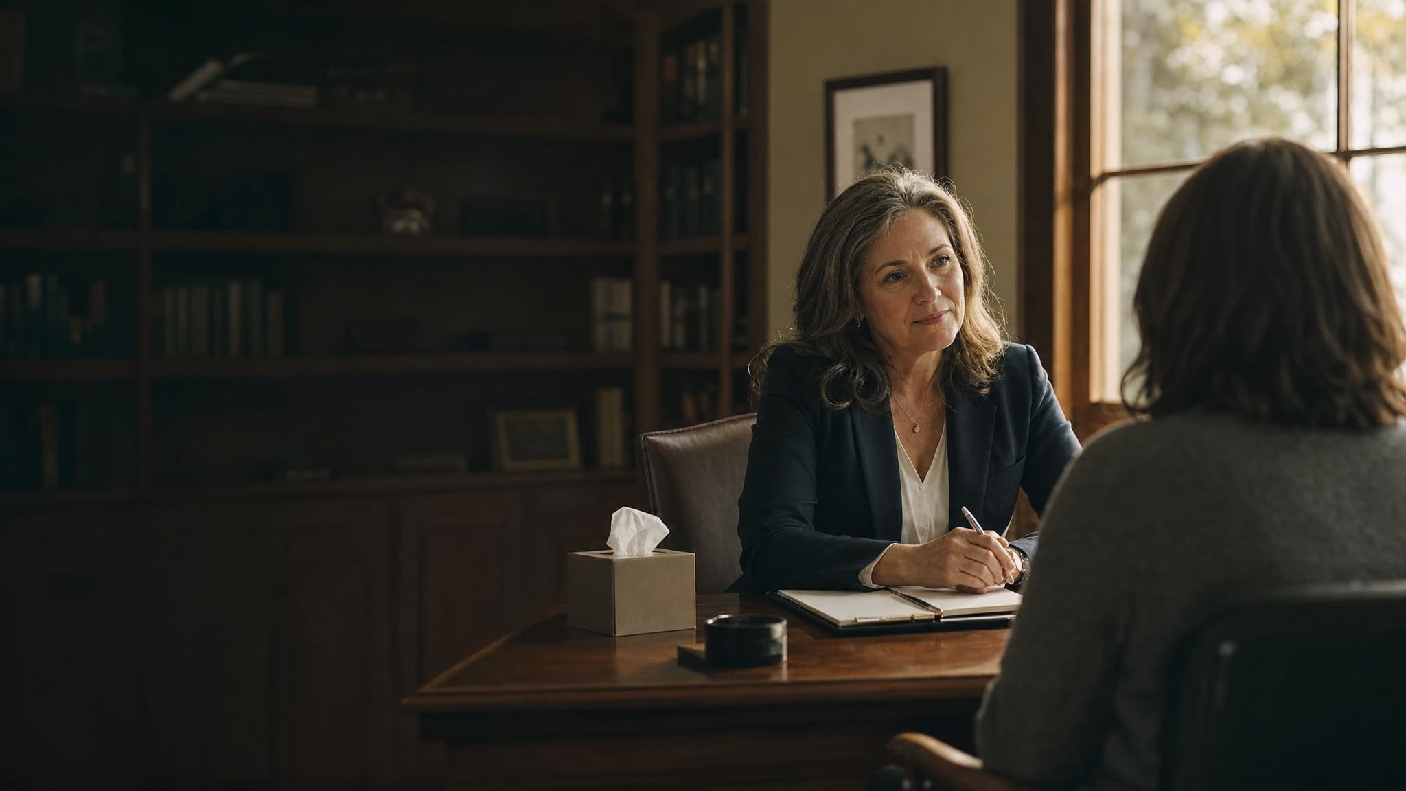 A family lawyer listens kindly to a client across her desk.