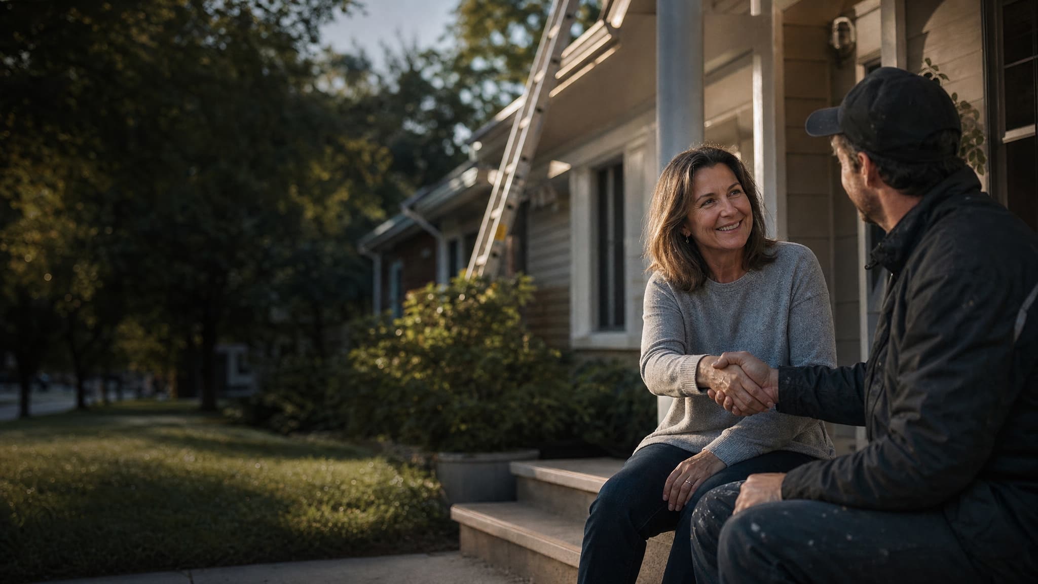 A homeowner shakes hands with a roofer on her front steps in the morning sun.