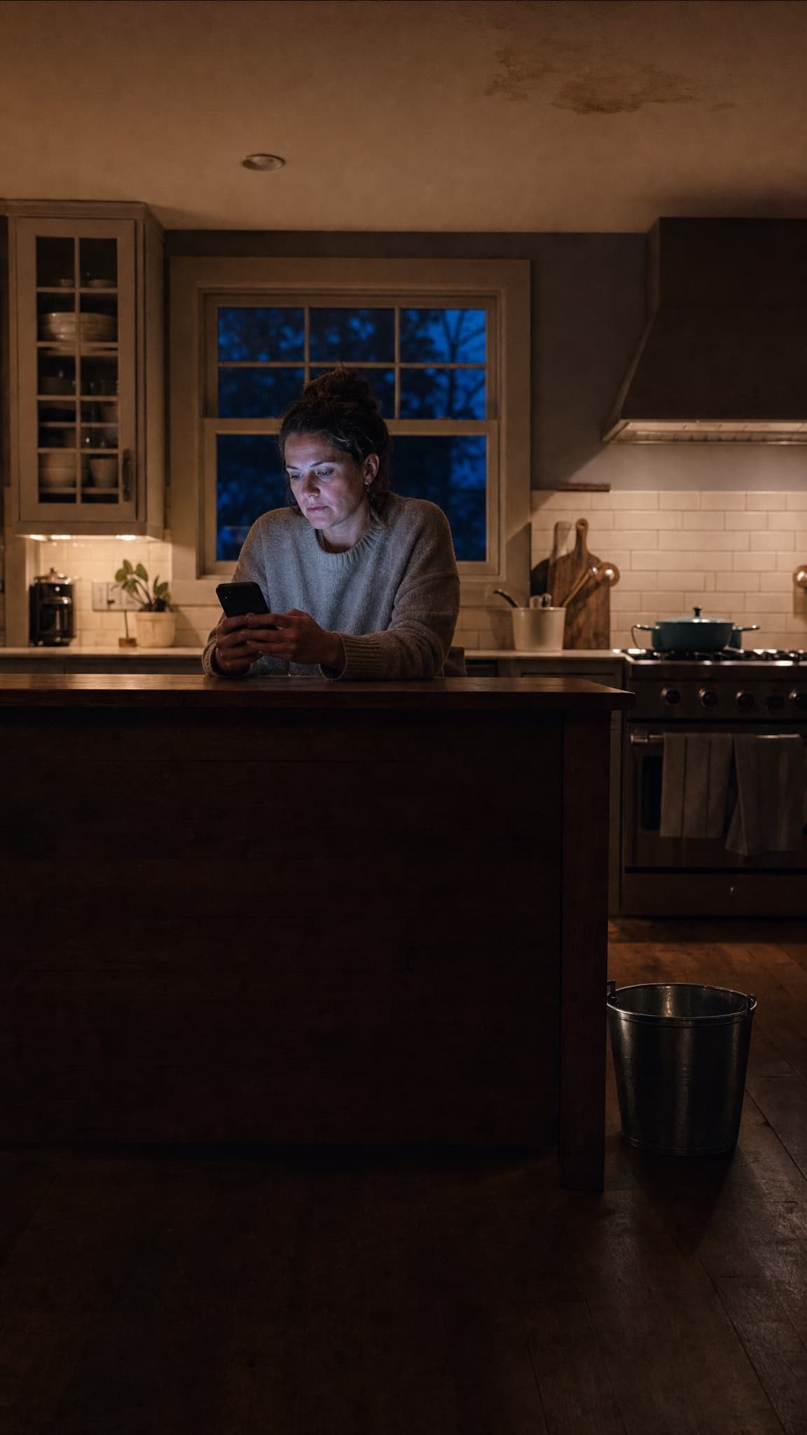 A woman sits in her kitchen at night and reads her phone while a bucket catches a leak from the ceiling.