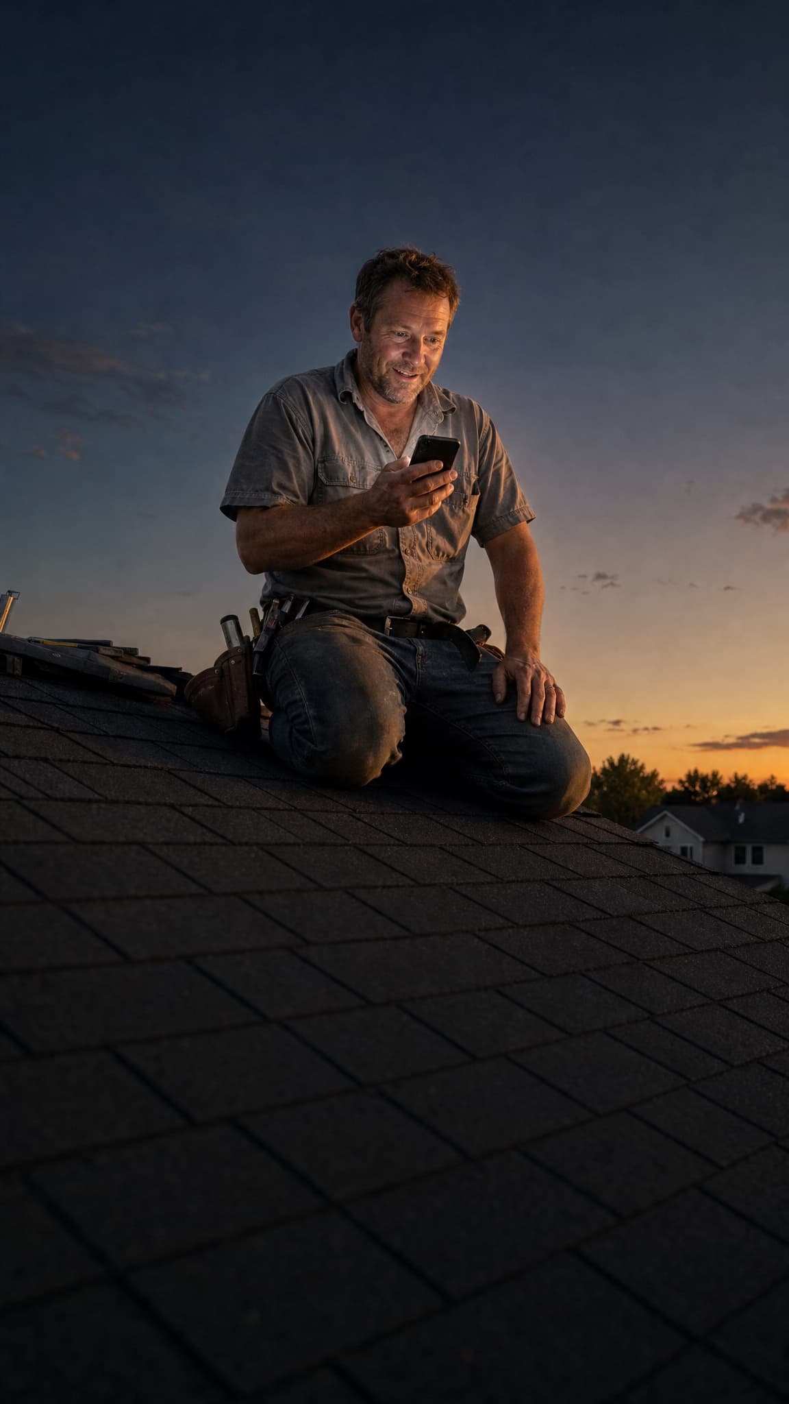A roofer kneels on a roof at sunset and smiles at his ringing phone.