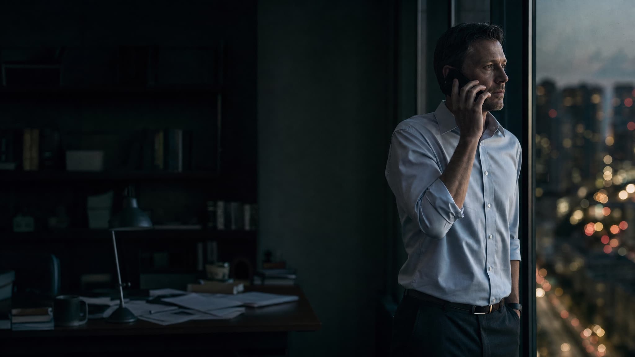 An injury lawyer takes a call at his office window in the evening.