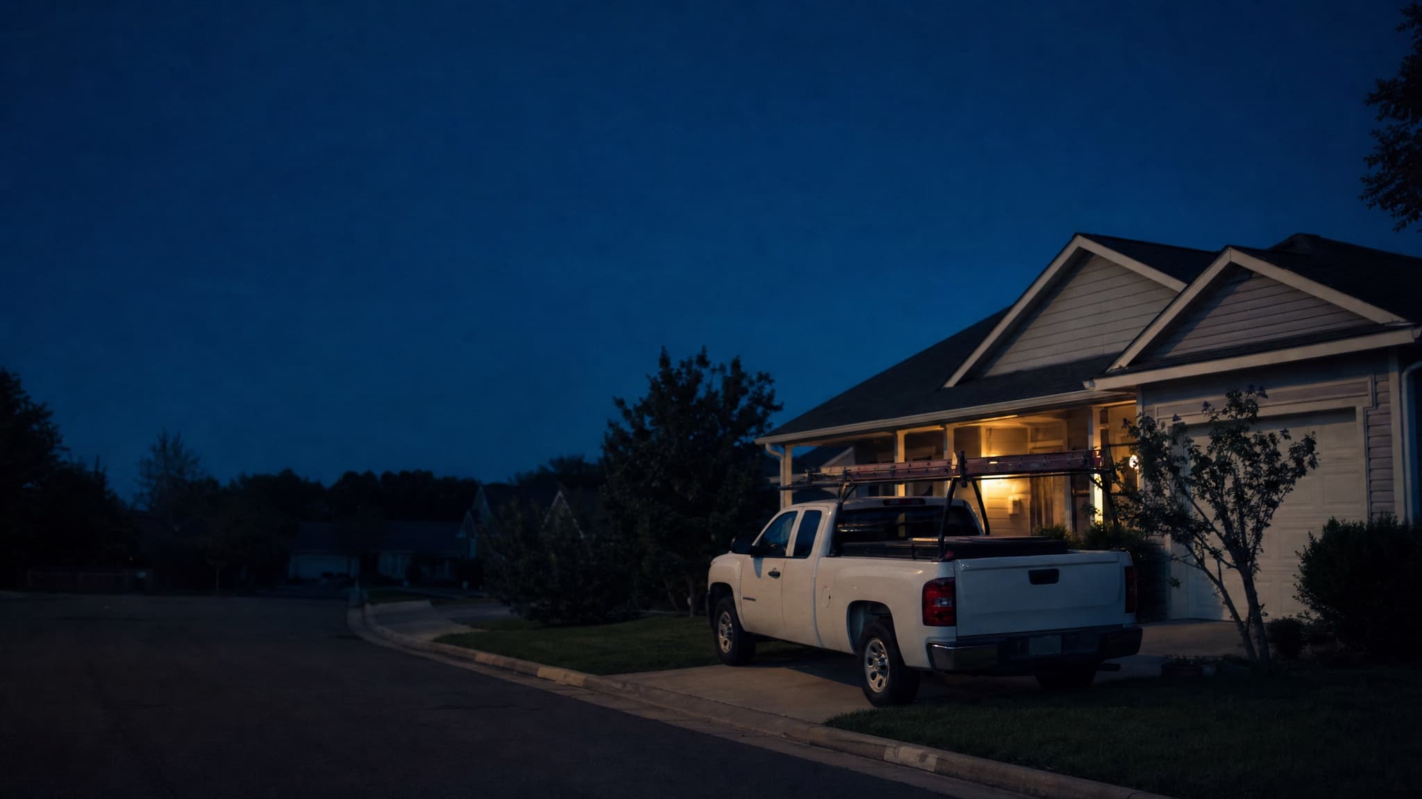 A roofer's pickup truck parked in front of a house at dusk.